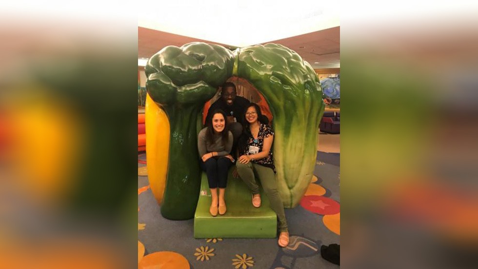 people posing on a children's slide